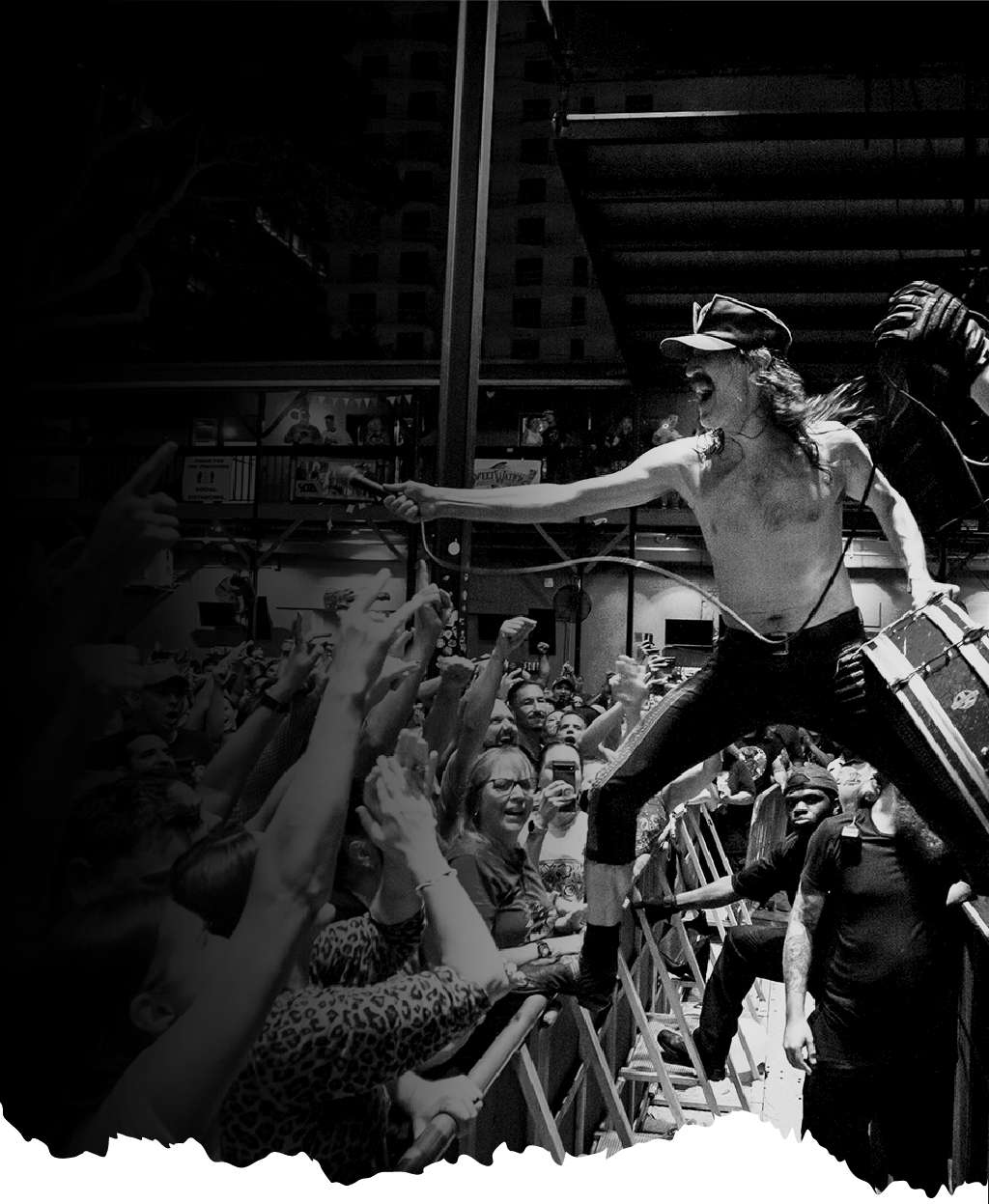Gogol Bordello frontman reaching into the crowd during a concert