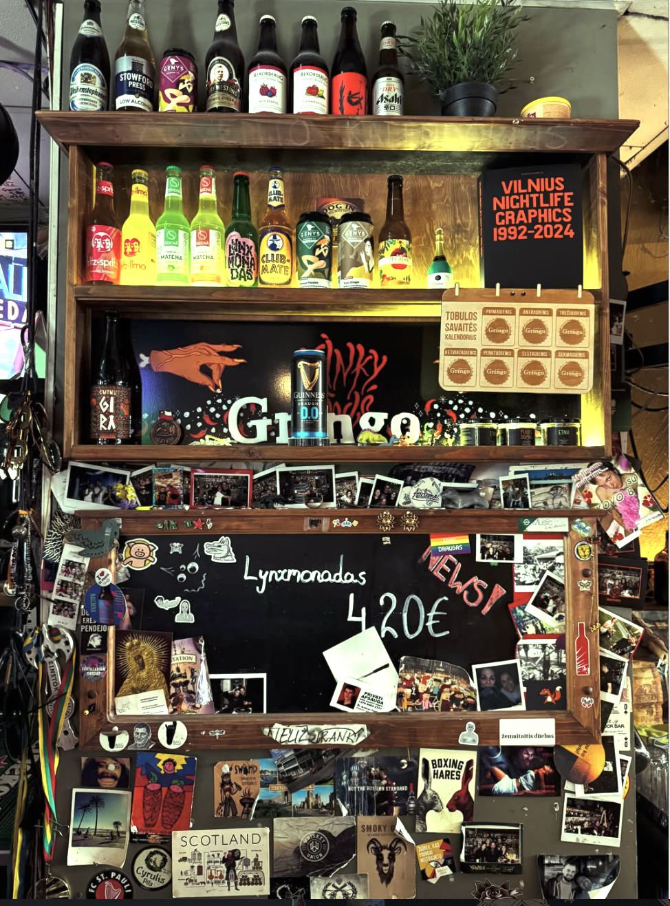 Decorated bar shelf at Gringo Pub